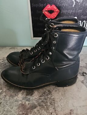 Justin Boots Navy Blue Leather Lace-Up Ankle Boots Fringe Kiltie Women's 3D